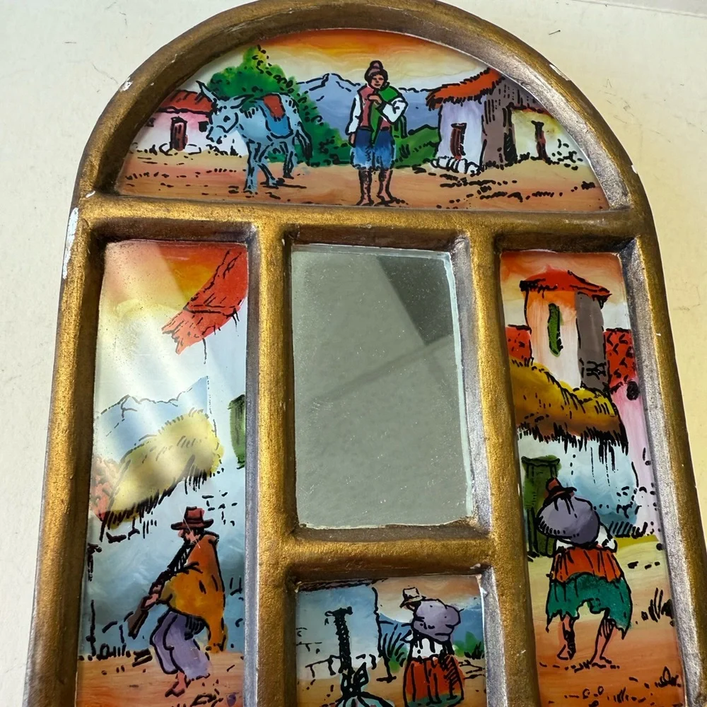 Vintage Peru Folk Art Painted Mirror Wood Frame Wall Hanging Handcrafted Decor